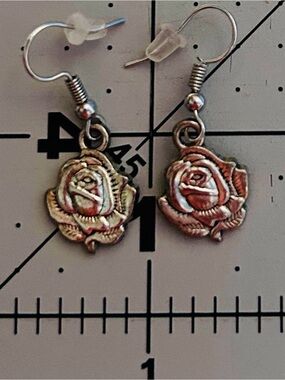 Rose Miraculous Medal Earrings Silver Tone Catholic Floral Dangle Earrings